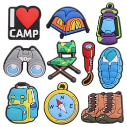 1-10PCS PVC Shoe Charms Camp Telescope Chair Flashlight Sleeping Bag Backpack Compass Buckle Clogs Hole Slipper Decoration Gift