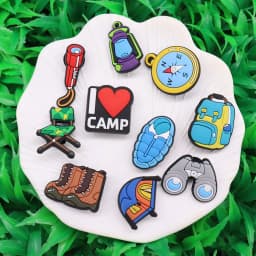 1-10PCS PVC Shoe Charms Camp Telescope Chair Flashlight Sleeping Bag Backpack Compass Buckle Clogs Hole Slipper Decoration Gift