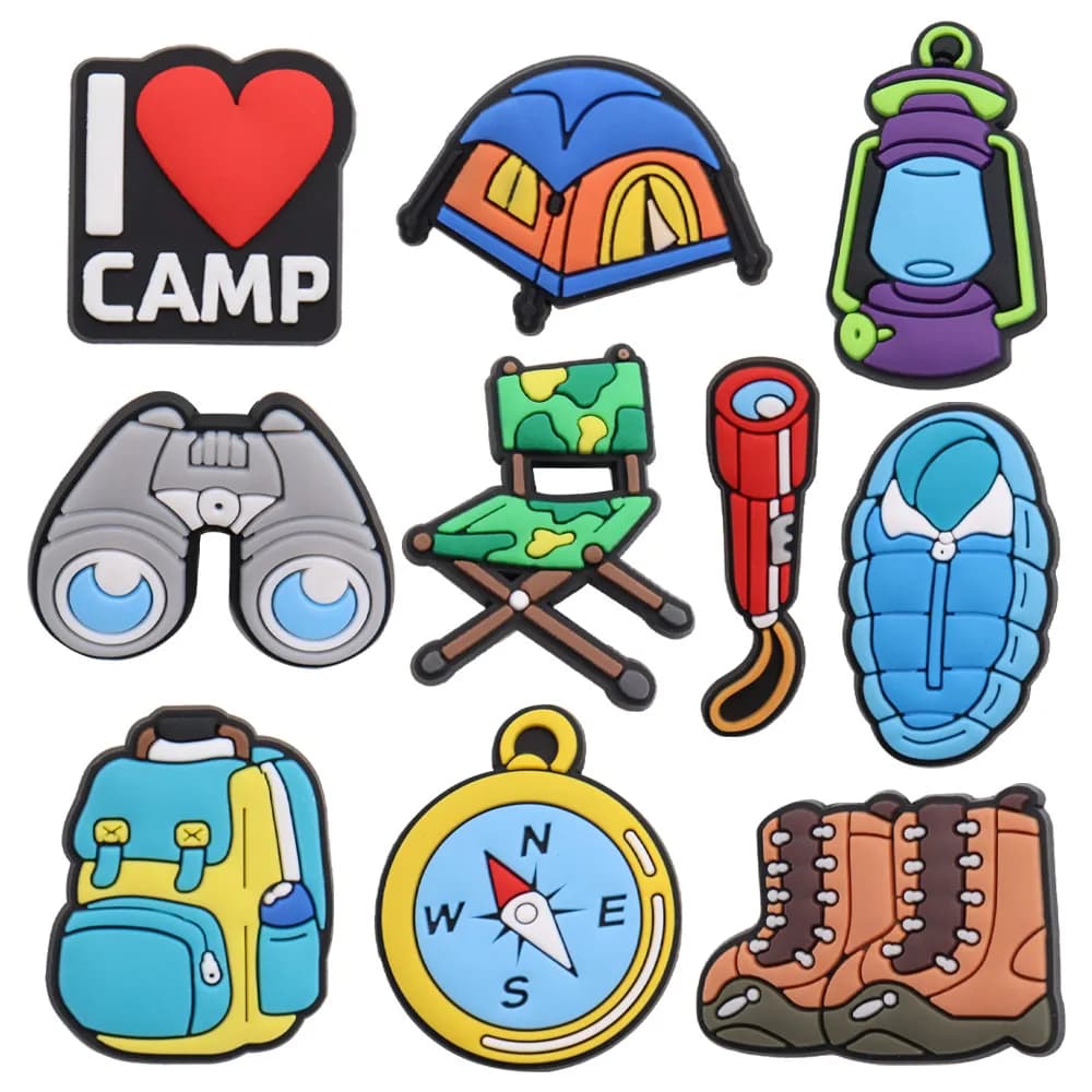 1-10PCS PVC Shoe Charms Camp Telescope Chair Flashlight Sleeping Bag Backpack Compass Buckle Clogs Hole Slipper Decoration Gift