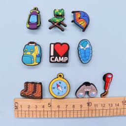 1-10PCS PVC Shoe Charms Camp Telescope Chair Flashlight Sleeping Bag Backpack Compass Buckle Clogs Hole Slipper Decoration Gift