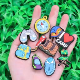 1-10PCS PVC Shoe Charms Camp Telescope Chair Flashlight Sleeping Bag Backpack Compass Buckle Clogs Hole Slipper Decoration Gift
