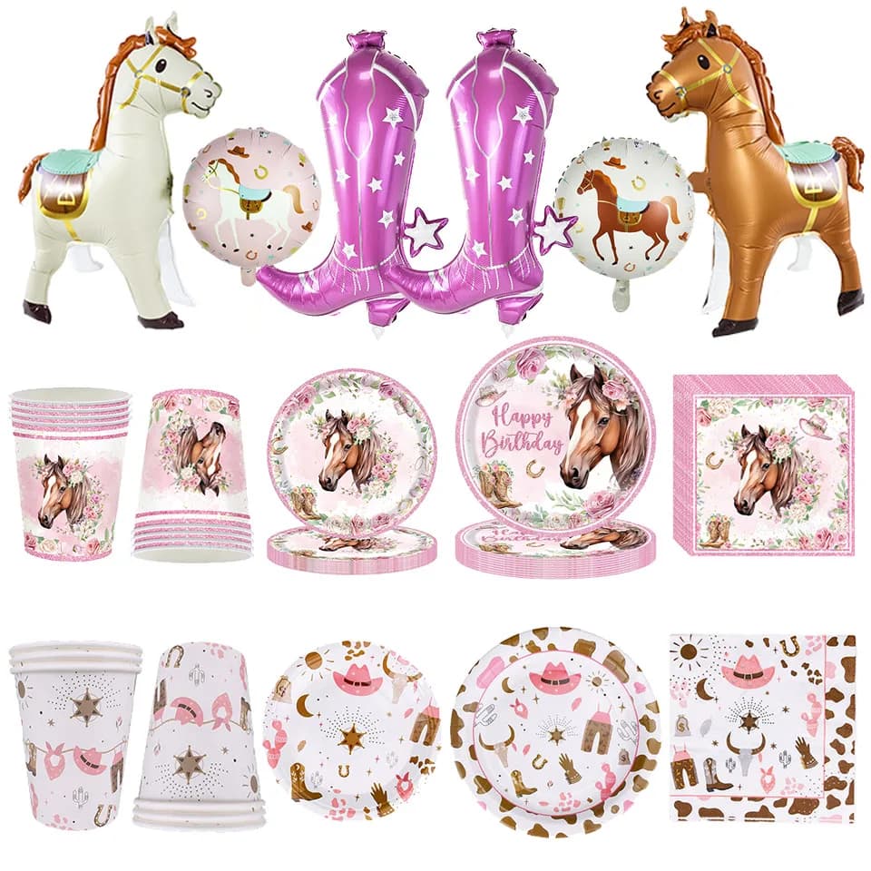 Western Cowgirl Birthday Party Decoration Disposable Tableware Pink Horse Party Plates Cups Horse Balloon Cowboy Party Supplies