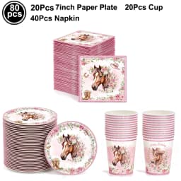 Western Cowgirl Birthday Party Decoration Disposable Tableware Pink Horse Party Plates Cups Horse Balloon Cowboy Party Supplies