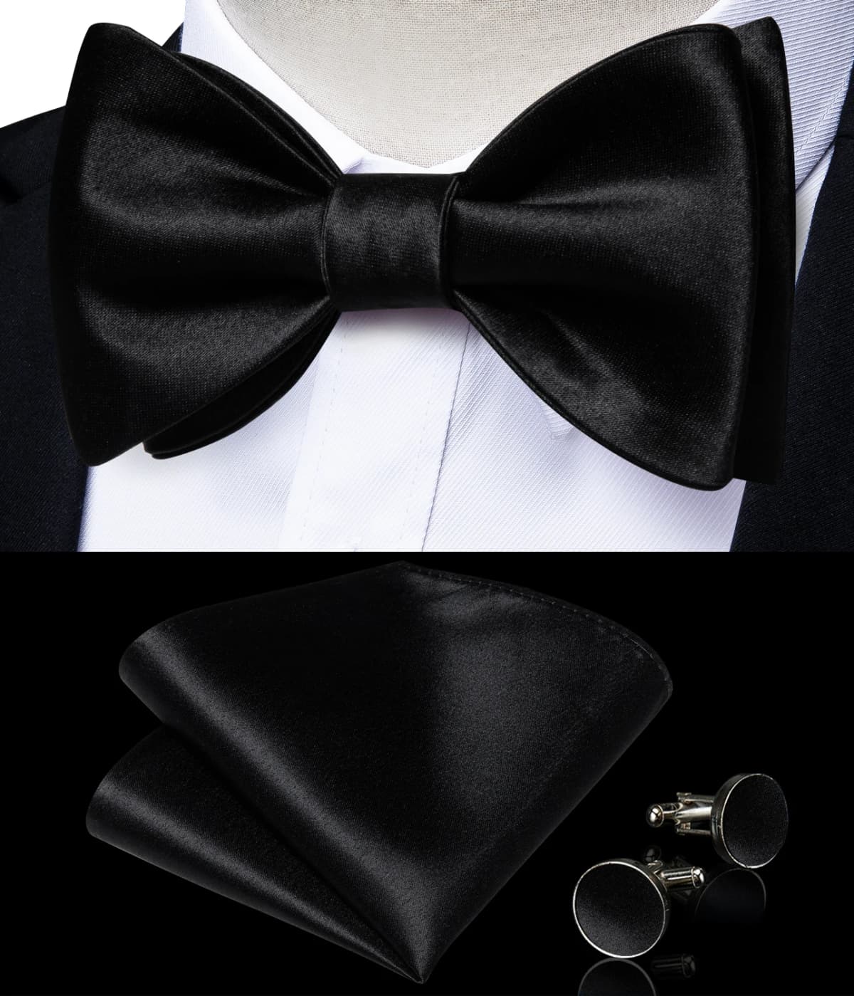 Adjustable Men's Solid Self-tie Bowtie Handkerchief Cufflinks Sets Classic Black Bow Tie for Man Wedding Business Butterfly Knot