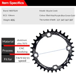 MOTSUV 104BCD Narrow Wide 38T 36T 34T 32T Bicycle Chainring,BCD 104 with 4 Bike Steel Screws, Single 12 11 10 9 8 Speed,Plato MT