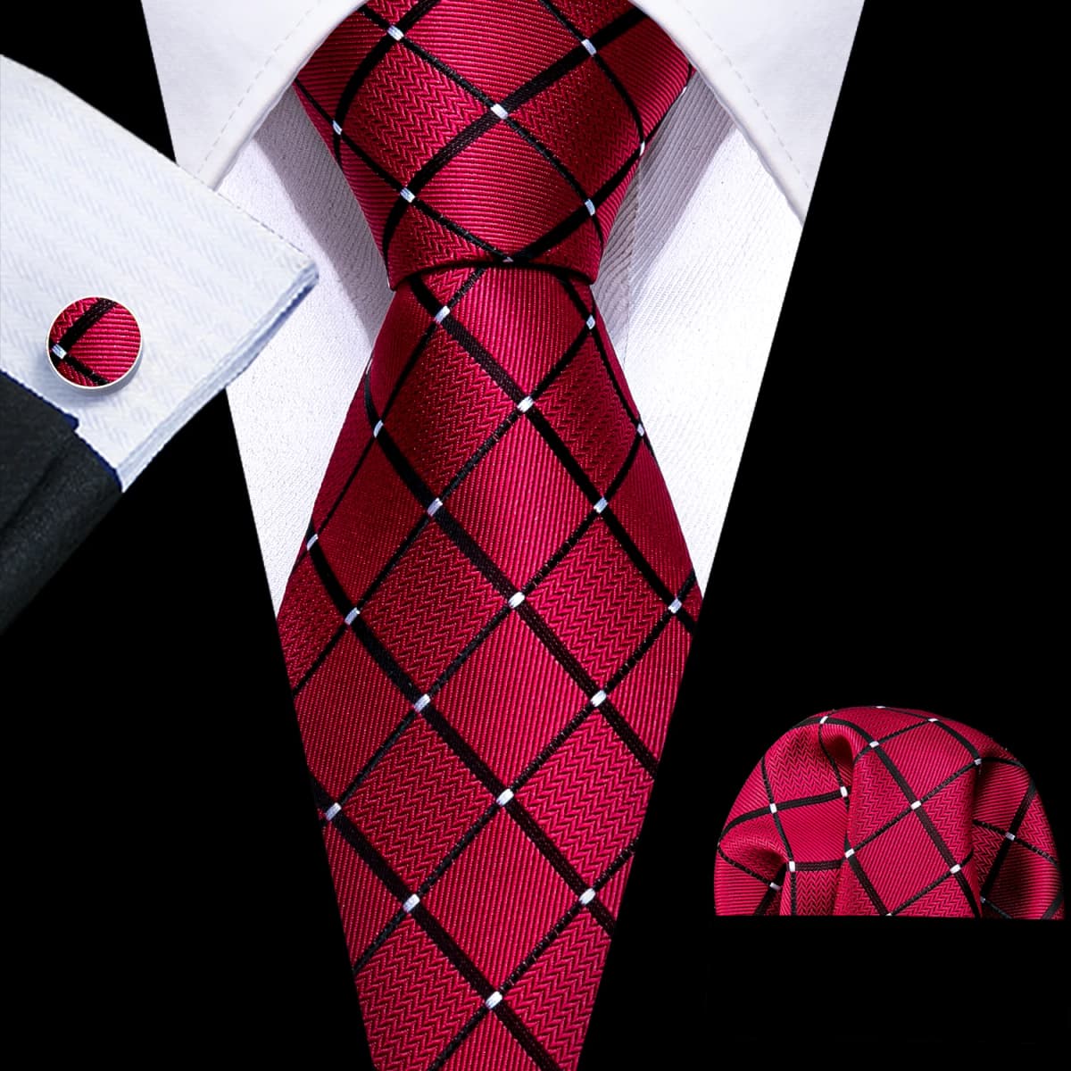 Fashion Red Plaid Men Tie Set 8.5cm Silk Jacquard Neckties Wedding Business Handkerchief Cufflink Tie Set Barry.Wang FA-6011