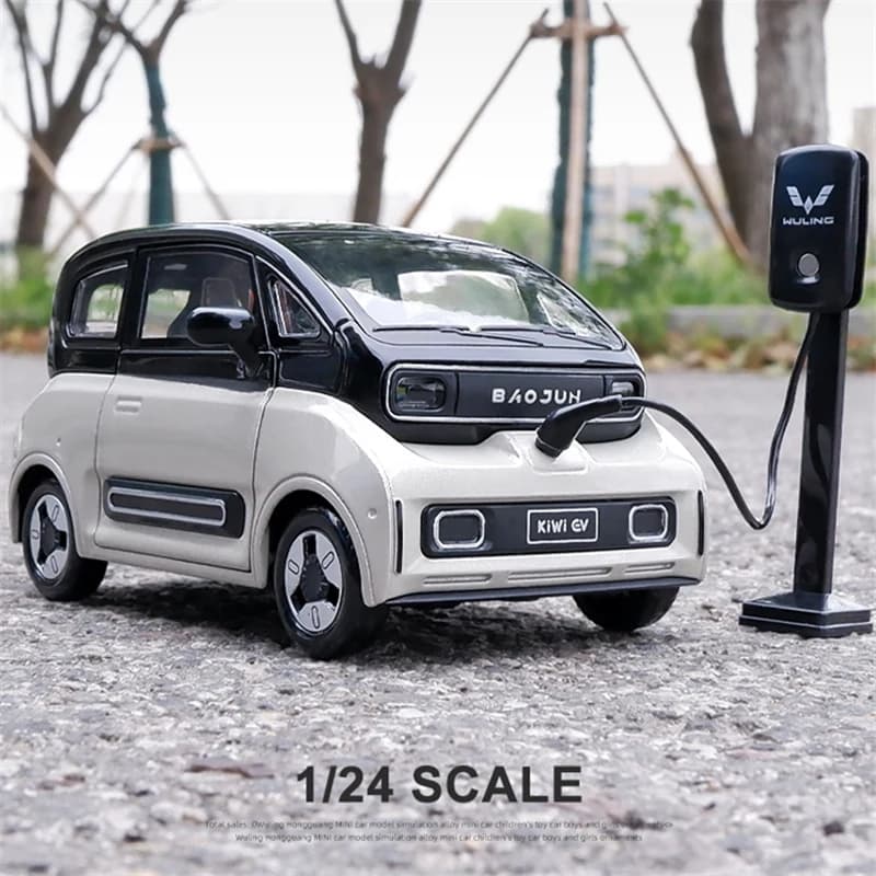 1:18 BAOJUN MINI EV Alloy New Energy Car Model Diecast Metal Toy Vehicles Car Model With Charging Pile Sound and Light Kids Gift