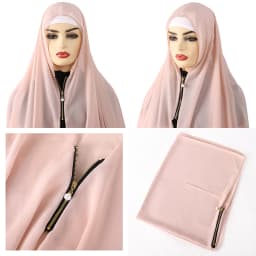 2025 Muslim Hijab Scarf With Zipper Plain Bubble Chiffon Ready to Wear Veiled Hijab Wrap Solid Shawls Headscarf Turban Ramadan