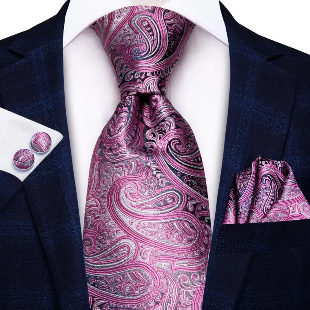 Pink Black Paisley 2023 New Elegant Men's Ties Hanky Cufflinks Silk Neckties For Men Wedding Party Business Fashion Brand Hi-Tie