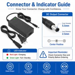 54.6V 2A 4A Power Supply Adapter Charger for 48V 13S Lithium Li-ion Battery Pack with DC 5.5x2.1mm / 5.5x2.5mm Plug
