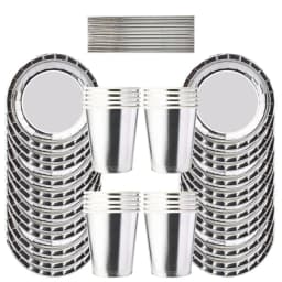 Birthday Party Decor Disposable Tableware Set Baby Shower Wedding Bachelor Party Supplies Silver Paper Plates Banner Tablecloth