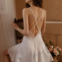 New Women's Satin Sleepwear Female Backless Nightgown Sexy Lace Nightwear V-Neck Sling Nightdress Solid Color Soft Home Dress