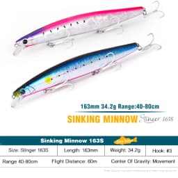 TSURINOYA 163S Ultra Long Casting Sinking Minnow Sea Fishing Lure STINGER 163mm 34.2g Seabass Tuna Saltwater Large Hard Baits