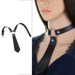 Women Dark Gothic Imitation Leather Black Neck Tie Punk O-Ring Studded Choker Necklace Vintage Personality Cosplay Pre-Tied