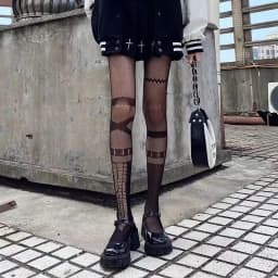 New Goth Lolita Cosplay JK Girls Tights Women Sexy Retro Gothic Kawaii Cross Print Club Stockings Nylon Socks Fishnet Pantyhose
