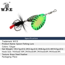 W.P.E Fishing Lure Rotating Sequins Spoon Spinner Bait Brass High Carbon Steel Hook 3.7g 5.3g 8.2g 10.5g Wobblers Bass Pesca