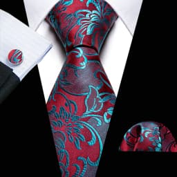 Fashion Red Blue Teal Floral Men Tie Set Necktie Handkerchief Cufflinks Wedding Gift Barry. Wang Tie Pin Brooches A-6074