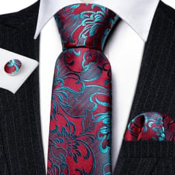 Fashion Red Blue Teal Floral Men Tie Set Necktie Handkerchief Cufflinks Wedding Gift Barry. Wang Tie Pin Brooches A-6074