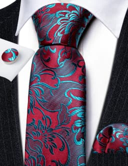 Fashion Red Blue Teal Floral Men Tie Set Necktie Handkerchief Cufflinks Wedding Gift Barry. Wang Tie Pin Brooches A-6074