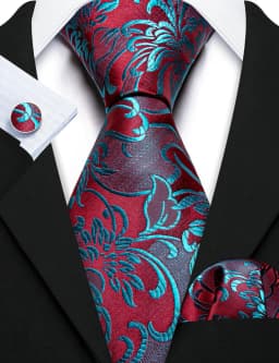 Fashion Red Blue Teal Floral Men Tie Set Necktie Handkerchief Cufflinks Wedding Gift Barry. Wang Tie Pin Brooches A-6074