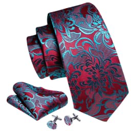 Fashion Red Blue Teal Floral Men Tie Set Necktie Handkerchief Cufflinks Wedding Gift Barry. Wang Tie Pin Brooches A-6074