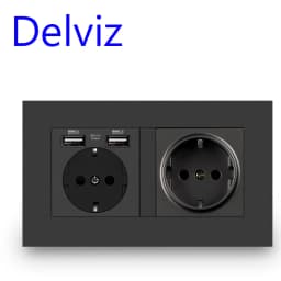 Delviz Wall USB Power Outlet, Black Panel Charging Interface, AC 110~250V 146mm * 86mm, 16A Double Frame EU Standard USB Socket