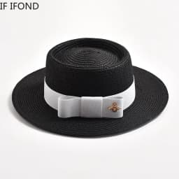 Spring Summer Straw Hats for Women Round Bumpy Surface Flat Top Bowknot Dress Cap Travel Beach Sun Hat Gorra