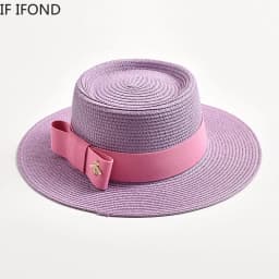 Spring Summer Straw Hats for Women Round Bumpy Surface Flat Top Bowknot Dress Cap Travel Beach Sun Hat Gorra