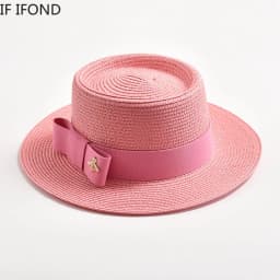 Spring Summer Straw Hats for Women Round Bumpy Surface Flat Top Bowknot Dress Cap Travel Beach Sun Hat Gorra