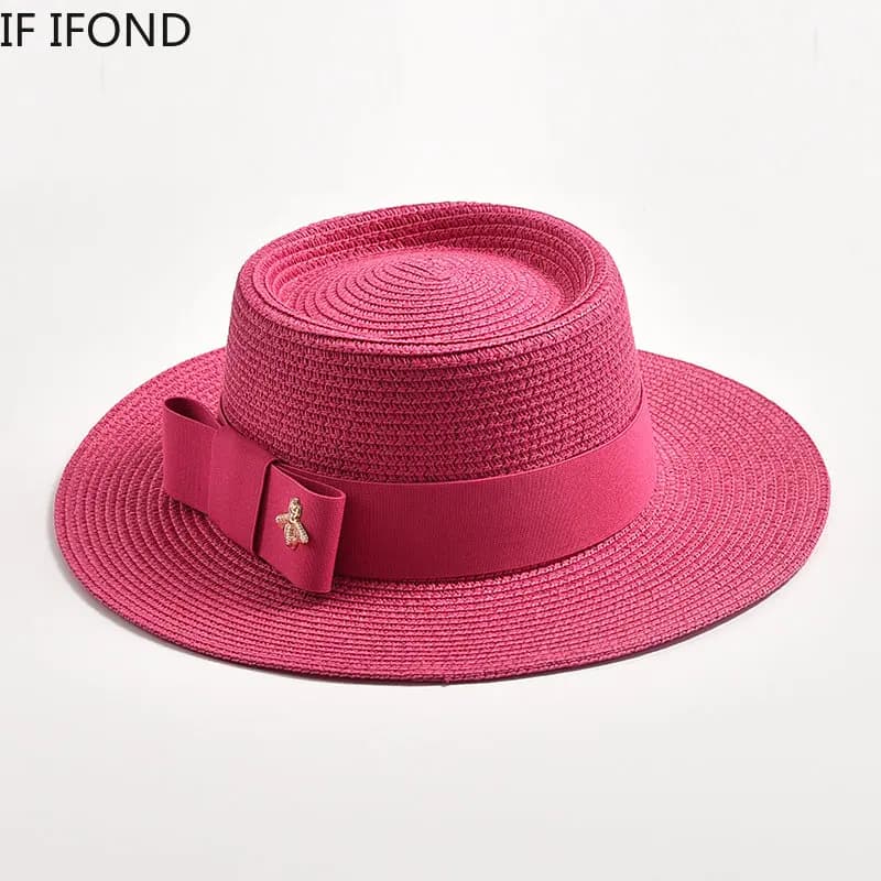Spring Summer Straw Hats for Women Round Bumpy Surface Flat Top Bowknot Dress Cap Travel Beach Sun Hat Gorra