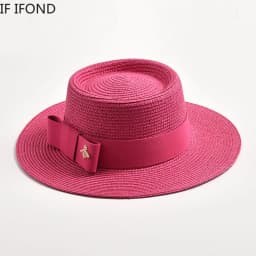 Spring Summer Straw Hats for Women Round Bumpy Surface Flat Top Bowknot Dress Cap Travel Beach Sun Hat Gorra