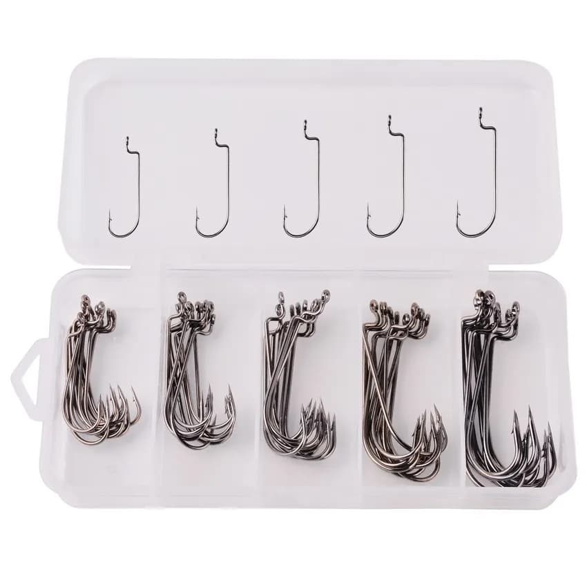 50pcs/box Fishing Offset Worm Hooks EWG-Offset Mixed Size Fishing Hooks Round Bend Offset Worm Hooks Wide Gap with Barbed Shank