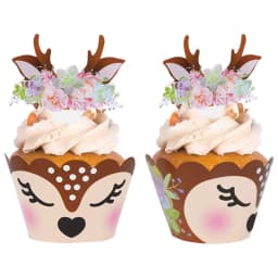 12/24pcs Cartoon Sika Deer Cupcake Wrapper Antlers Paper Cake Toppers Merry Christmas Xmas New Year Birthday Party Decoration