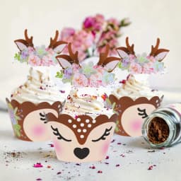 12/24pcs Cartoon Sika Deer Cupcake Wrapper Antlers Paper Cake Toppers Merry Christmas Xmas New Year Birthday Party Decoration