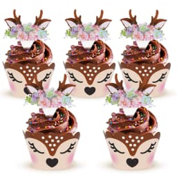 12/24pcs Cartoon Sika Deer Cupcake Wrapper Antlers Paper Cake Toppers Merry Christmas Xmas New Year Birthday Party Decoration