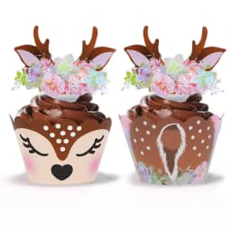 12/24pcs Cartoon Sika Deer Cupcake Wrapper Antlers Paper Cake Toppers Merry Christmas Xmas New Year Birthday Party Decoration