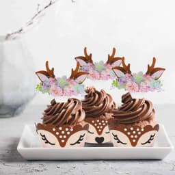 12/24pcs Cartoon Sika Deer Cupcake Wrapper Antlers Paper Cake Toppers Merry Christmas Xmas New Year Birthday Party Decoration