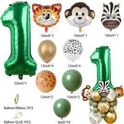 1set Wild Animal Balloon Tower with 1-9 Green Number Balloons for Kids Jungle Safari Birthday Party Decoration DIY Supply