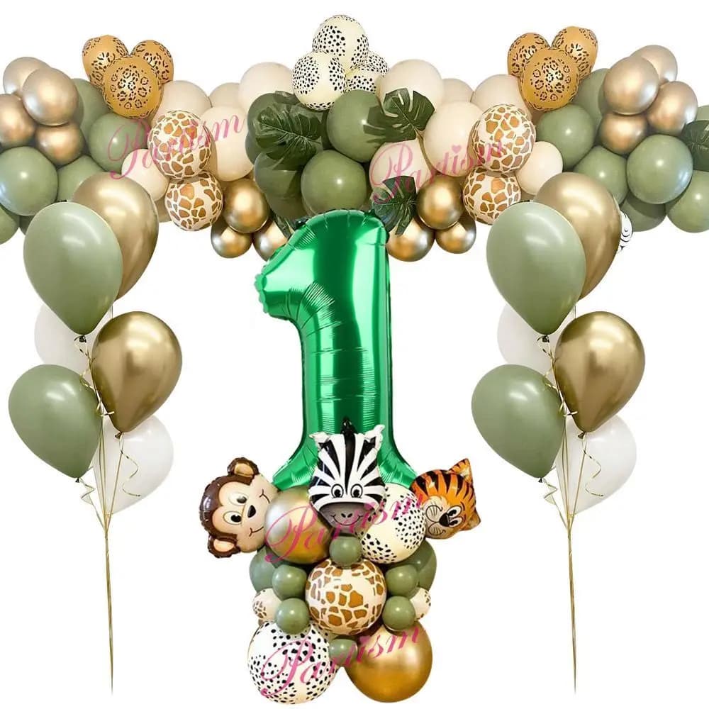 1set Wild Animal Balloon Tower with 1-9 Green Number Balloons for Kids Jungle Safari Birthday Party Decoration DIY Supply