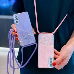 Glitter Necklace Case For Samsung Galaxy S25 S23 S21 S20 FE S24 Plus S26 Ultra A56 A36 A17 Crossbody Lanyard Strap Phone Cover