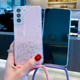 Glitter Necklace Case For Samsung Galaxy S25 S23 S21 S20 FE S24 Plus S26 Ultra A56 A36 A17 Crossbody Lanyard Strap Phone Cover