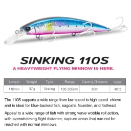 TSURINOYA 110S 110mm 37g Heavy Sinking Minnow Hard Artificial Plastic Sea Fishing Lure WIZARD Max 80m Ultra Long Casting Bait