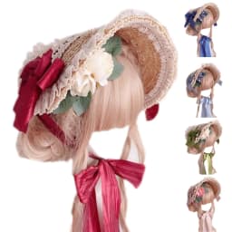 Pastoral Style Flat Top Hat Lace Flower Ribbon Straw Hat Lolita Hat Bonnet Hat French Hat All-match for Beach Vacation