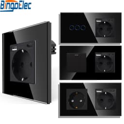 Bingoelec EU Standard Wall Light Switch Black Crystal Glass Panel Switch Panel With Wall Socket With tomada usb type-c