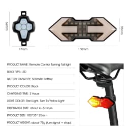 Wireless Remote Turn Signal Bicycle Light MTB Direction Indicator Smart LED Bike Taillight USB Rechargeable Cycling Rear Lamp