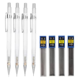 Transparent Mechanical Pencil Set 0.3, 0.5, 0.7 0.9mm with HB Lead Refills for Sketching Art Drawing Painting Automatic Pencils