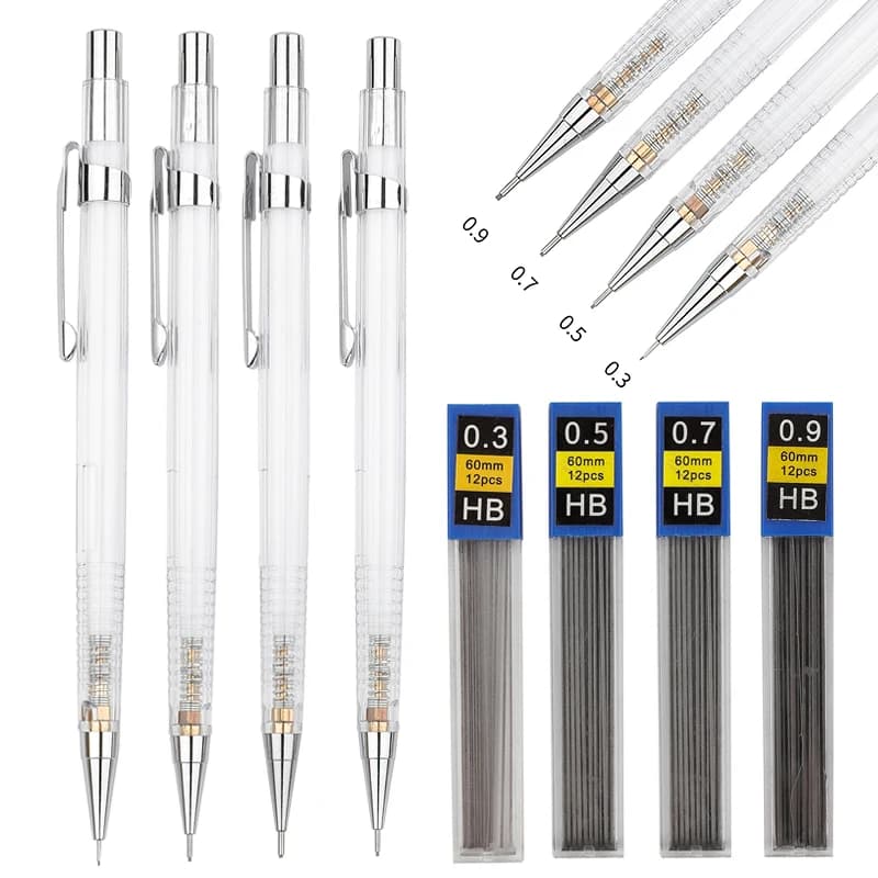 Transparent Mechanical Pencil Set 0.3, 0.5, 0.7 0.9mm with HB Lead Refills for Sketching Art Drawing Painting Automatic Pencils