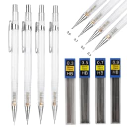 Transparent Mechanical Pencil Set 0.3, 0.5, 0.7 0.9mm with HB Lead Refills for Sketching Art Drawing Painting Automatic Pencils