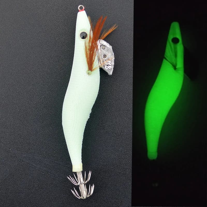1PCS Luminous Squid Jigs White Glow Wood Shrimp with Octopus Squid Jig Hooks Cuttlefish Fishing Lure Size 2.5# 3.0# 3.5#