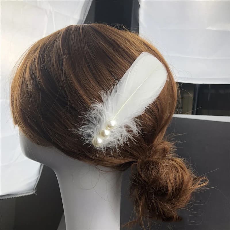 Ballet Cheongsam Stage Performance Dance White Feather Pearl Headgear Hairpin Side Clip Hair Accessories